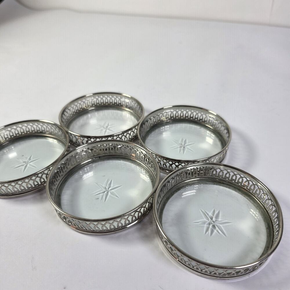 Vintage Manning Bowman MCM Glass Coasters Set of 5 Silverplate Starburst USA - Picture 3 of 10